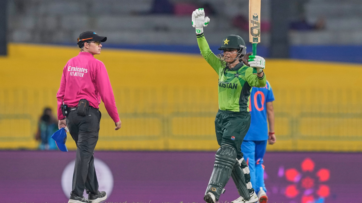 Pakistan's Sidra Amin celebrates after completing her half-century in the ICC Women's World Cup match against India in Colombo. AP Pakistan's Sidra Amin celebrates after completing her half-century in the ICC Women's World Cup match against India in Colombo. AP