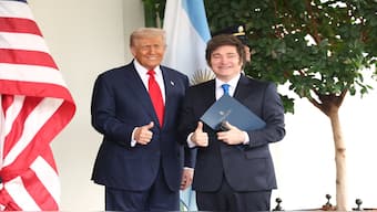 US President Donald Trump welcomes Argentina’s President Javier Milei at the White House in Washington, D.C., US, on Tuesday. Reuters