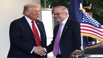 US President Donald Trump welcomes Australia's Prime Minister Anthony Albanese at the White House in Washington, D.C., US on Monday. Reuters