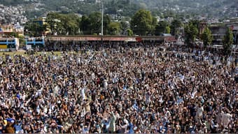 Activists of the Awami Action Committee (AAC) chanted slogans during the funeral prayers for protesters allegedly killed by security forces, at a demonstration in Muzaffarabad, the capital of Pakistan-administered Kashmir, on October 2, 2025. (Image credit: AFP)