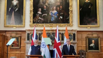 Britain's Prime Minister Keir Starmer and Prime Minister Narendra Modi of India speak during a press conference after signing a free trade agreement at Chequers near Aylesbury, England, Thursday, July 24, 2025. File Photo/Reuters