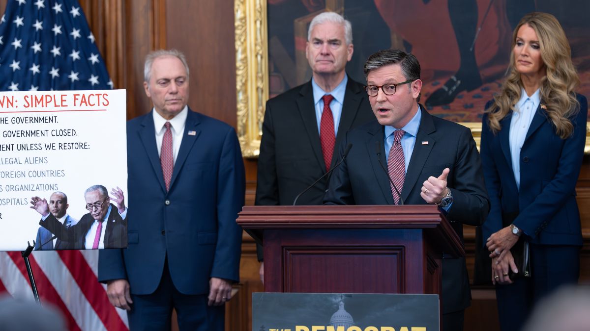 US Speaker of the House Mike Johnson, R-La, faces reporters, joined from left by Majority Leader Steve Scalise, R-La, Majority Whip Tom Emmer, R-Minn, and Small Business Administration head Kelly Loeffler at a news conference on day 27 of the government shutdown, at the Capitol in Washington, October 27, 2025. File Image/AP US Speaker of the House Mike Johnson, R-La, faces reporters, joined from left by Majority Leader Steve Scalise, R-La, Majority Whip Tom Emmer, R-Minn, and Small Business Administration head Kelly Loeffler at a news conference on day 27 of the government shutdown, at the Capitol in Washington, October 27, 2025. File Image/AP