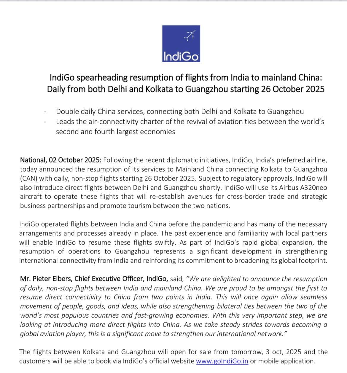 IndiGo announces direct flights between India and China