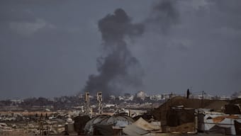 Smoke rises following an Israeli military strike in Gaza City, as seen from the central Gaza Strip on October 5, 2025. AP