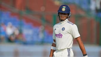 India opener Yashasvi Jaiswal walks off the field after getting run-out for 175 on Day 2 of the second Test against West Indies in Delhi. AP