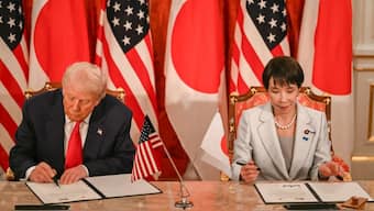 Japan's Prime Minister Sanae Takaichi (R) and US President Donald Trump attend a signing ceremony after a Japan-US Summit at the Akasaka State Guest House in Tokyo on October 28, 2025. (AP)