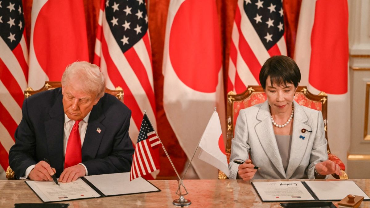 Japan's Prime Minister Sanae Takaichi (R) and US President Donald Trump attend a signing ceremony after a Japan-US Summit at the Akasaka State Guest House in Tokyo on October 28, 2025. (AP) Japan's Prime Minister Sanae Takaichi (R) and US President Donald Trump attend a signing ceremony after a Japan-US Summit at the Akasaka State Guest House in Tokyo on October 28, 2025. (AP)