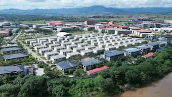 This aerial photo taken on September 17, 2025 shows the KK Park complex in Myanmar's eastern Myawaddy township, as pictured from Mae Sot district in Thailand's border province of Tak. (AFP)
