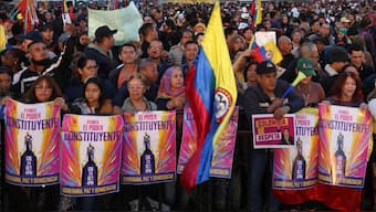 People attend a rally in support of Colombia's President Gustavo Petro at Bolivar Square in Bogota on October 24, 2025. (AFP)