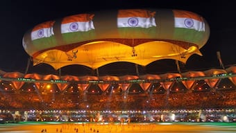 The Indian flag is projected onto a balloon during the Commonwealth Games closing in 2010. Image: Reuters