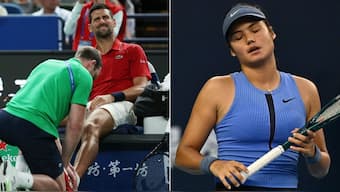 Emma Raducanu (right), Novak Djokovic (left) getting a massage during a match. Image: Reuters/AFP