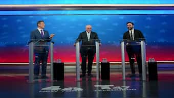 From left, Mayoral candidates, Independent candidate former New York Gov. Andrew Cuomo, Republican candidate Curtis Sliwa, and Democratic candidate Zohran Mamdani participate in a debate, Thursday, Oct. 16, 2025, in New York. AP