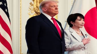 US President Donald Trump and Japanese Prime Minister Sanae Takaichi attend a bilateral meeting at Akasaka Palace in Tokyo, Japan. Reuters