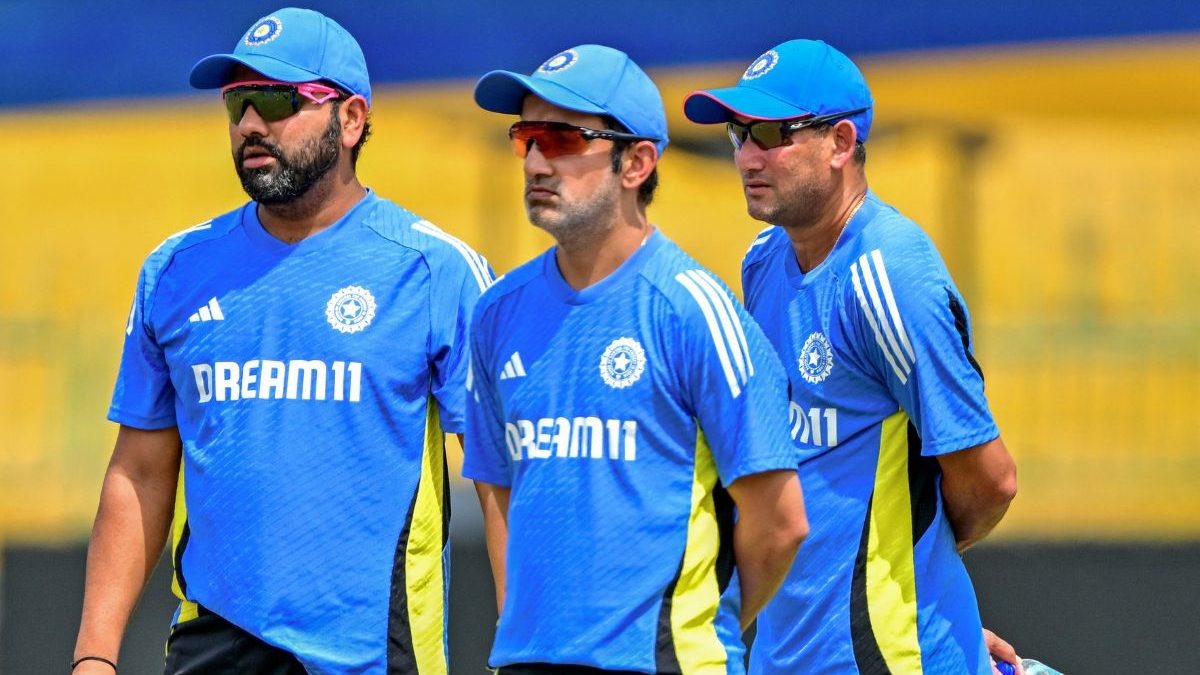 Rohit Sharma with Gautam Gambhir and Ajit Agarkar. Image: AFP Rohit Sharma with Gautam Gambhir and Ajit Agarkar. Image: AFP