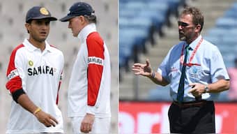 Sourav Ganguly with Greg Chappell (left), ICC match referee Chris Broad (right). Image: AFP