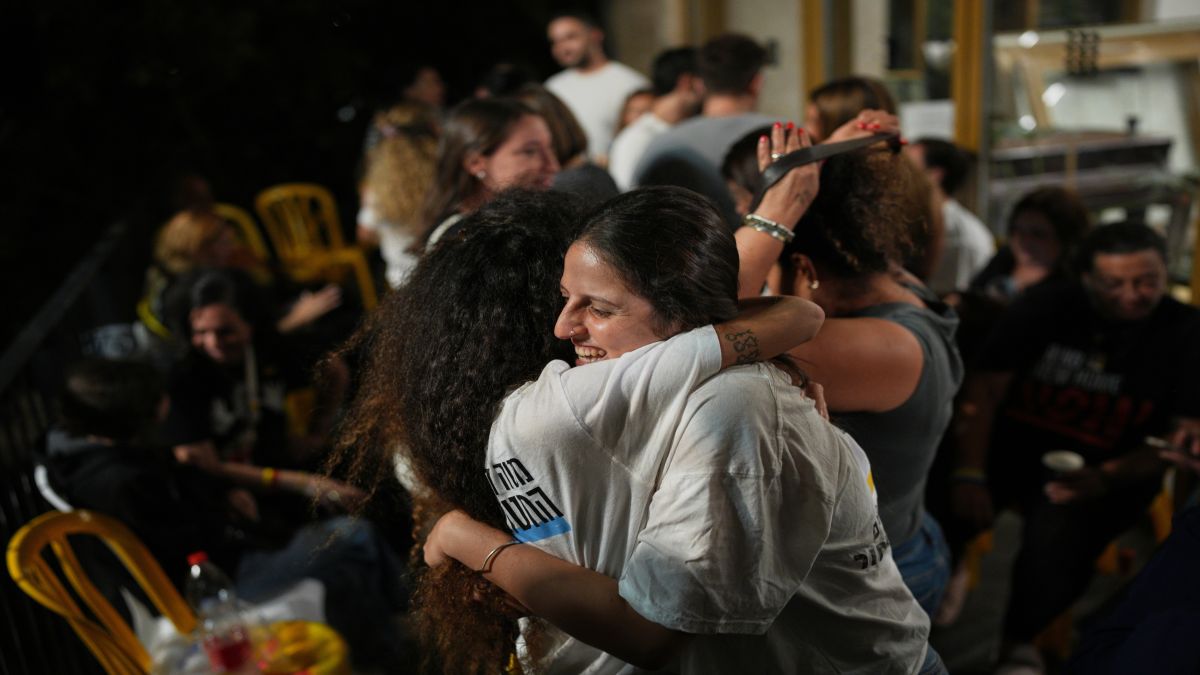 Relatives and supporters of Israeli hostages held by Hamas in the Gaza Strip celebrate after the announcement that Israel and Hamas have agreed to the first phase of a peace plan. AP Relatives and supporters of Israeli hostages held by Hamas in the Gaza Strip celebrate after the announcement that Israel and Hamas have agreed to the first phase of a peace plan. AP