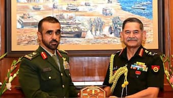 Gen Yousef Maayouf Saeed Al Hallami, Commander of the United Arab Emirates Land Forces (left), received a ceremonial welcome and a detailed briefing on Operation Sindoor.  He also met Indian Army Chief General Upendra Dwivedi (right). October 27, 2025. Image: @adgpi/X via PTI Photo
