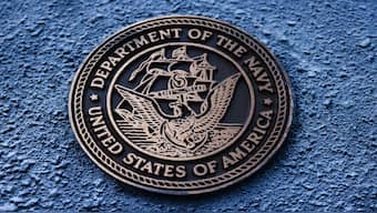 The US Navy emblem is seen on a monument in Streator, Illinois. US Navy