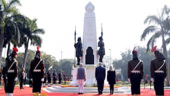 Prime Minister Narendra Modi and Israeli Prime Minister Benjamin Netanyahu pay tribute to the brave Indian soldiers who fought in the 1918 Battle of Haifa. Teen Murti - Haifa Chowk, Delhi. File image