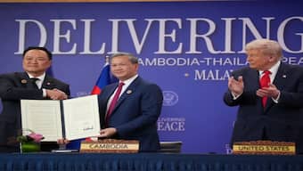 Donald Trump at the signing of a Cambodia-Thailand peace deal between Thai prime minister Anutin Charnvirakul and Cambodian PM Hun Manet in Kuala Lumpur, Malaysia. AFP