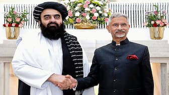India's Foreign Minister S Jaishankar and his Afghan counterpart Amir Khan Muttaqi shaking hands during a bilateral meeting in New Delhi. AFP
