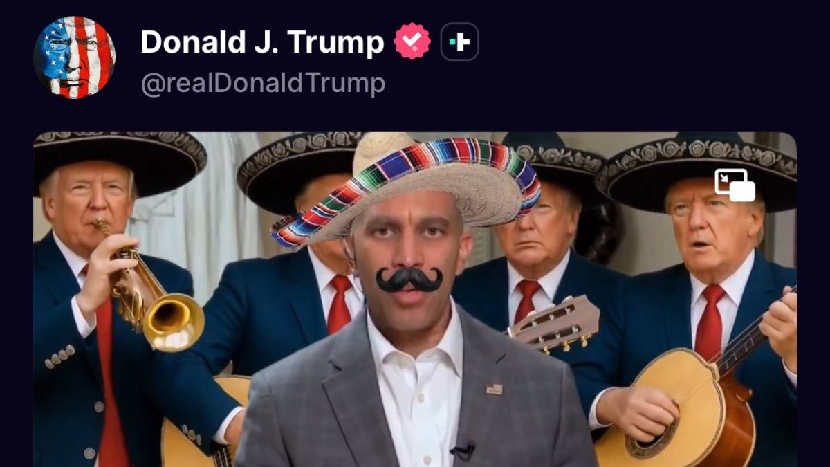 In the video, House Minority Leader Hakeem Jeffries is digitally altered to appear in a sombrero and large fake moustache. Image/X In the video, House Minority Leader Hakeem Jeffries is digitally altered to appear in a sombrero and large fake moustache. Image/X