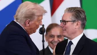 British Prime Minister Keir Starmer found himself at the receiving end of Trump’s signature brand of global diplomacy, while Pakistani PM Shehbaz Sharif, ever eager to curry America’s favour, enthusiastically pointed out Starmer’s location to Trump. Image: Reuters 