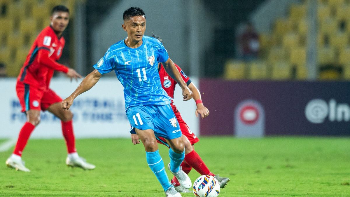 Sunil Chhetri in action against Singapore in Goa. Image: AIFF Sunil Chhetri in action against Singapore in Goa. Image: AIFF