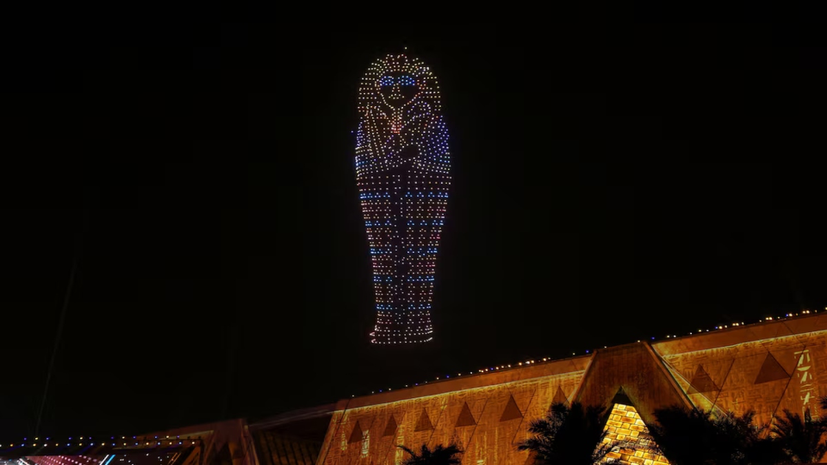 A drone light show depicts ancient pharaoh king Tutankhamen's sarcophagus during the opening ceremony of the Grand Egyptian Museum (GEM), near the Giza pyramid complex, in Giza, Egypt, November 1, 2025. Reuters A drone light show depicts ancient pharaoh king Tutankhamen's sarcophagus during the opening ceremony of the Grand Egyptian Museum (GEM), near the Giza pyramid complex, in Giza, Egypt, November 1, 2025. Reuters