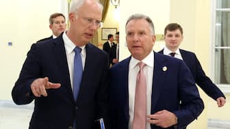 FILE PHOTO: Head of the Russian Direct Investment Fund and Russian special presidential envoy for economic cooperation with foreign countries, Kirill Dmitriev, talks to U.S. President Donald Trump's special envoy Steve Witkoff during a meeting in Saint Petersburg, Russia April 11, 2025. Sputnik/Vyacheslav Prokofyev/Pool via REUTERS ATTENTION EDITORS - THIS IMAGE WAS PROVIDED BY A THIRD PARTY./File Photo
