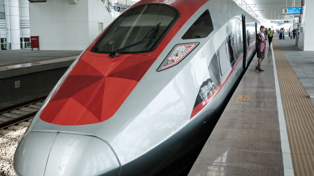 The Jakarta-Bandung high-speed train named Whoosh is seen on a platform at the Tegalluar station in Bandung, West Java, on May 4, 2024. (Photo by Yasuyoshi CHIBA / AFP) The Jakarta-Bandung high-speed train named Whoosh is seen on a platform at the Tegalluar station in Bandung, West Java, on May 4, 2024. (Photo by Yasuyoshi CHIBA / AFP)