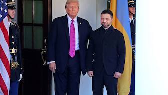 US President Donald Trump welcomes Ukrainian President Volodymyr Zelensky as he arrives for a meeting at the White House in Washington, DC, on October 17, 2025. (AFP)