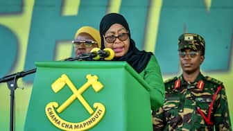 Tanzania’s ruling party Chama Cha Mapinduzi (CCM) presidential candidate and incumbent President Samia Suluhu Hassan delivers her remarks during the party's closing campaign rally in Mwanza on October 28, 2025. AFP