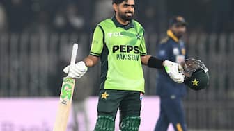 Pakistan's Babar Azam celebrates after scoring a century against Sri Lanka. Image: AFP