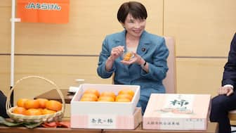 Japan's Prime Minister Sanae Takaichi tastes a persimmon after receiving a courtesy visit from the "Nara Persimmon PR Lady" at the Prime Minister's Office in Tokyo on November 19, 2025. AFP