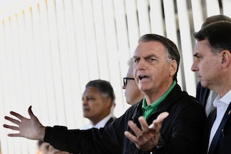 Former Brazilian President Jair Bolsonaro speaks to the press at the Federal Senate in Brasilia on July 17, 2025. (AFP)