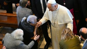 Pope Leo XIV visits the Little Sisters of the Poor in a Home for the elderly, in Istanbul on November 28, 2025. (Photo by Andreas SOLARO / AFP)