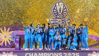 Indian players celebrate with the trophy after their win over South Africa in the ICC Women's Cricket World Cup final match in Navi Mumbai, India, Sunday, Nov. 2, 2025. AP