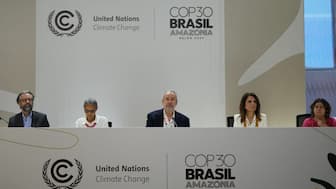 Marina Silva, Brazil environment minister, second from left, André Corrêa do Lago, COP30 president, centre, and Ana Toni, Cop30 CEO, second from right, attend a news conference at the Cop30 UN Climate Summit, in Belem, Brazil. AP 