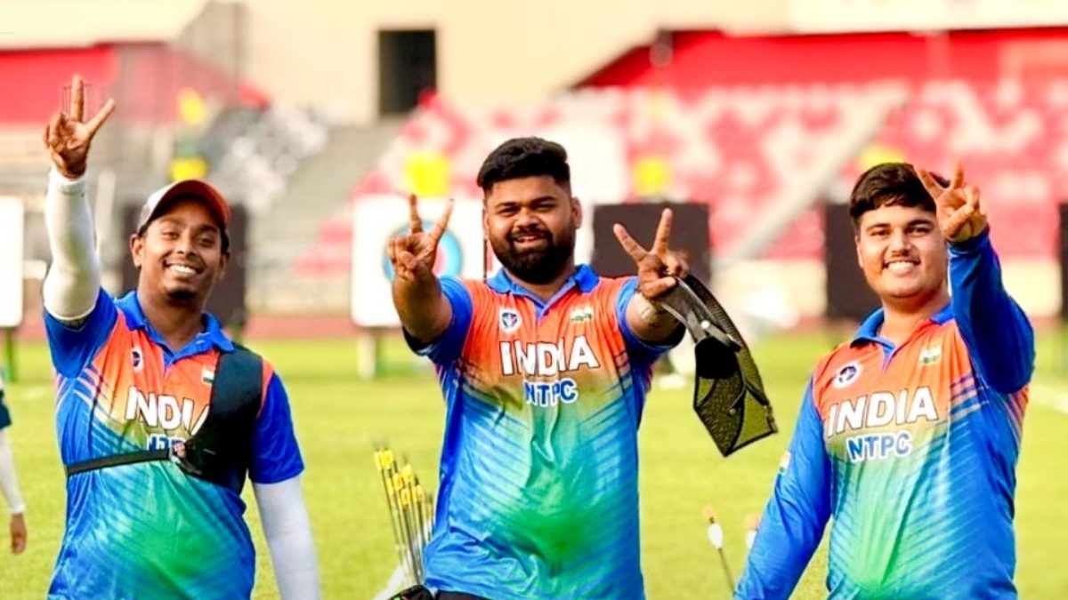 Atanu Das, Yashdeep Bhoge and Rahul celebrate their historic win. X/RFYouthSports Atanu Das, Yashdeep Bhoge and Rahul celebrate their historic win. X/RFYouthSports