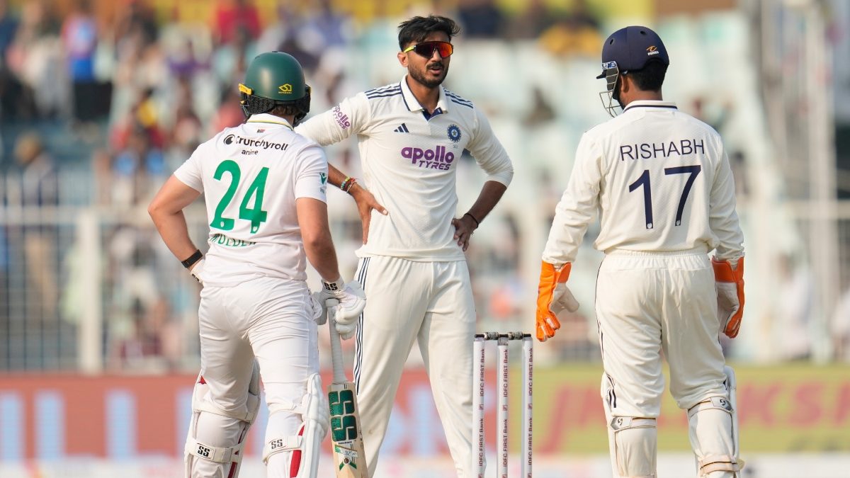 India's Axar Patel, center, speaks to wicketkeeper Rishabh Pant after bowling a delivery to South Africa's Wiaan Mulder, left, on the second day of the first cricket test match between India and South Africa in Kolkata, India, Saturday, Nov. 15, 2025. AP India's Axar Patel, center, speaks to wicketkeeper Rishabh Pant after bowling a delivery to South Africa's Wiaan Mulder, left, on the second day of the first cricket test match between India and South Africa in Kolkata, India, Saturday, Nov. 15, 2025. AP