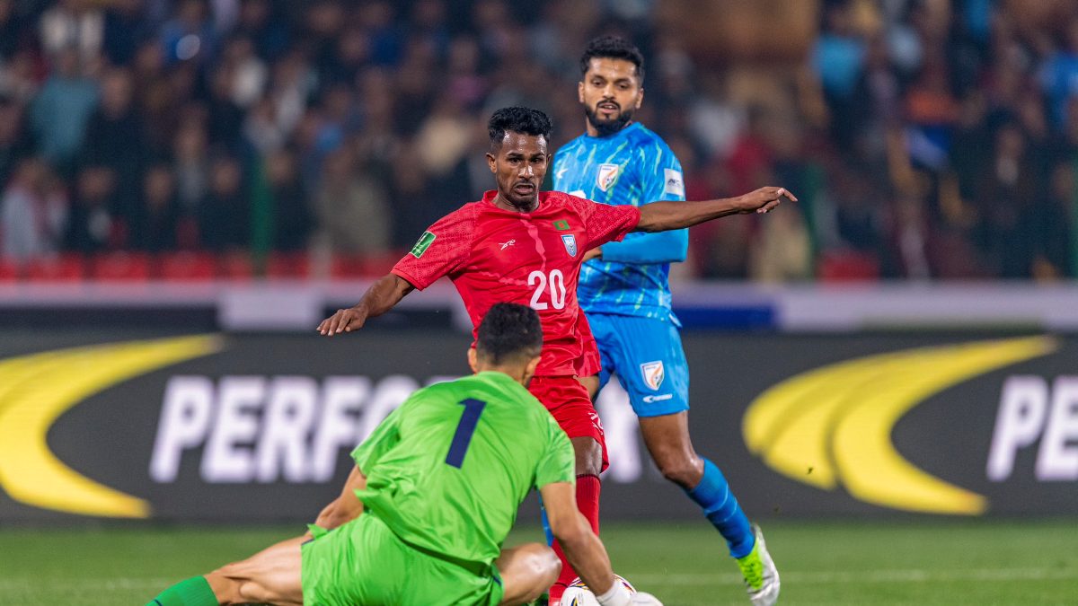 Bangladesh face India in a football match at the Dhaka National Stadium on Tuesday. Image: PTI Bangladesh face India in a football match at the Dhaka National Stadium on Tuesday. Image: PTI