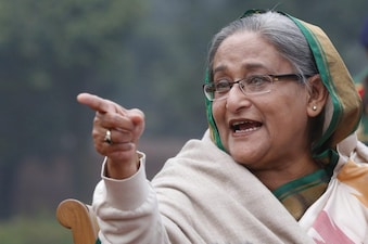Bangladesh's ousted Prime Minister Sheikh Hasina speaks during a press conference in Dhaka, Bangladesh. File image/AP