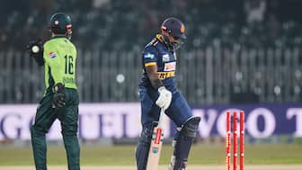 Sri Lanka captain Charith Asalanka walks off the ground after getting dismissed during the first ODI against Pakistan in Rawalpindi. AP