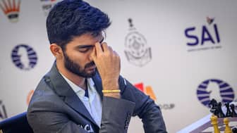 World champion D Gukesh reacts after his third-round loss at the hands of Frederik Svane in the FIDE World Cup in Goa. Image credit: FIDE