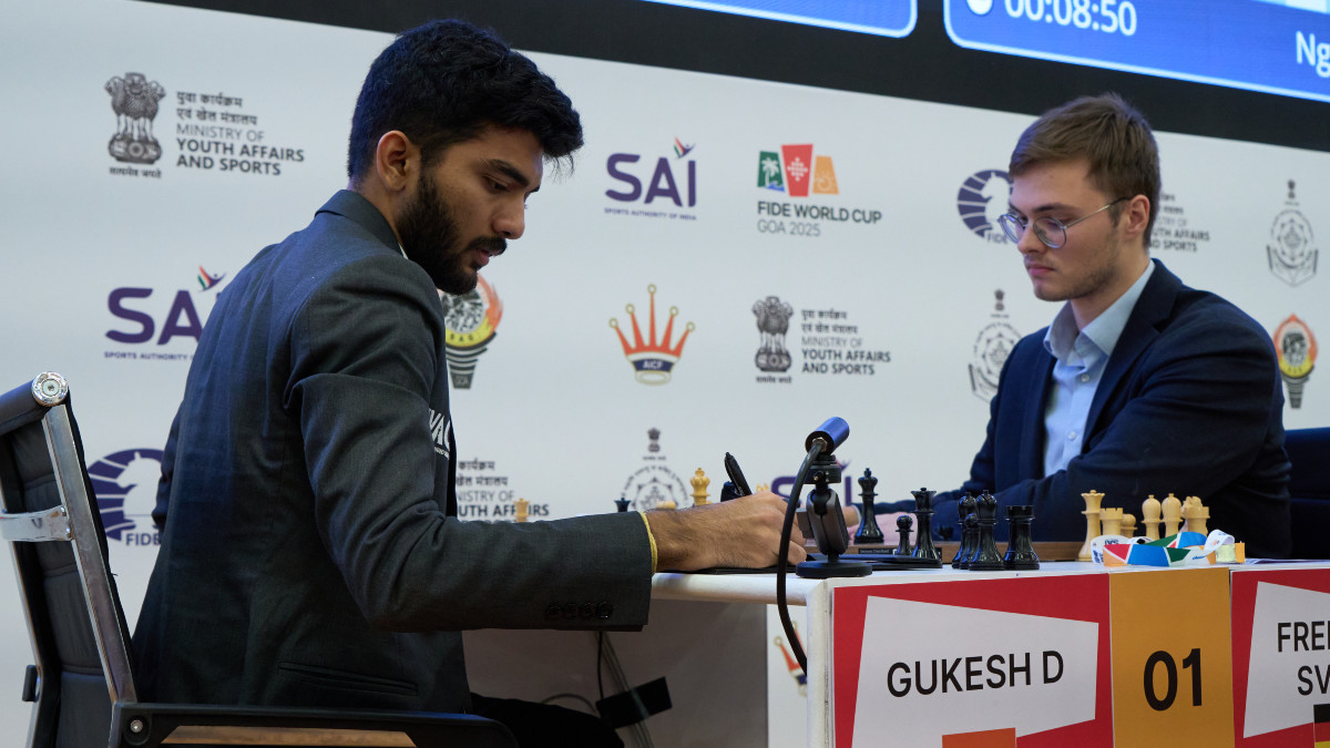 After playing out a draw against D Gukesh in Game 1 of Round 3, Frederik Svane defeated the world champion in the second Classical game to knock him out of the FIDE World Cup. Image credit:
Etery Kublashvili via FIDE After playing out a draw against D Gukesh in Game 1 of Round 3, Frederik Svane defeated the world champion in the second Classical game to knock him out of the FIDE World Cup. Image credit:
Etery Kublashvili via FIDE