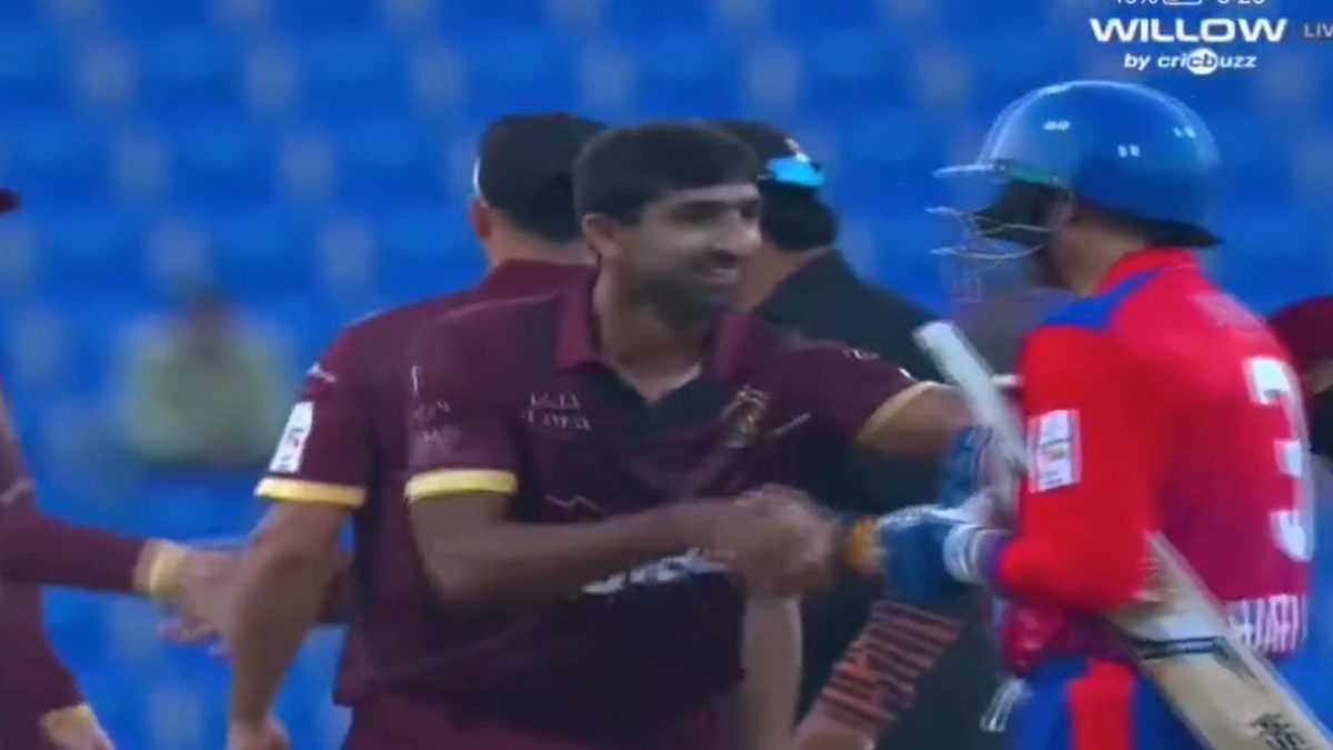 Harbhajan Singh’s hand shake with Pakistan’s Shahnawaz Dahani has become a major flashpoint. Image: Cricbuzz Harbhajan Singh’s hand shake with Pakistan’s Shahnawaz Dahani has become a major flashpoint. Image: Cricbuzz