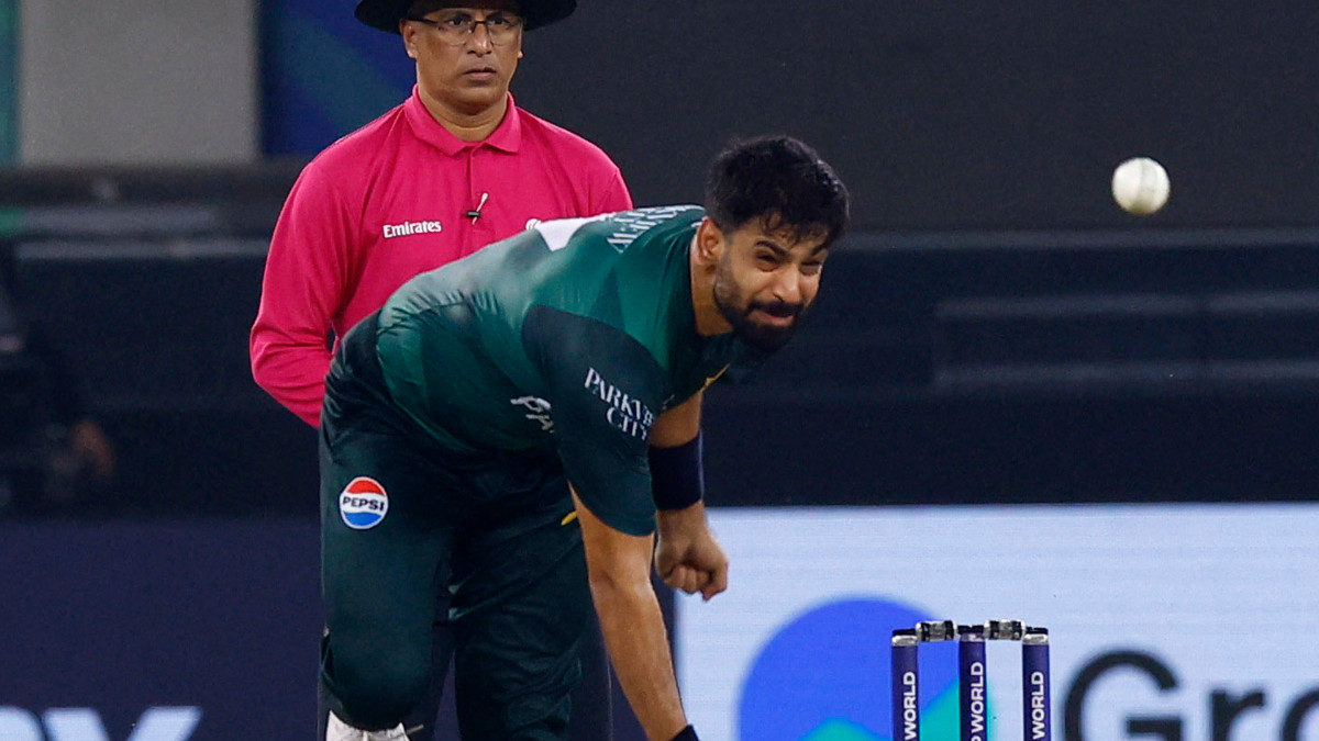Pakistan pacer Haris Rauf bowls during the Asia Cup final against India in Dubai on 28 September. Reuters Pakistan pacer Haris Rauf bowls during the Asia Cup final against India in Dubai on 28 September. Reuters