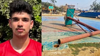 An iron pole of a basketball hoop lies on the court after it fell on Hardik, a 16-year-old national-level player who died in the freak accident, in Rohtak, Wednesday, Nov. 26, 2025. PTI