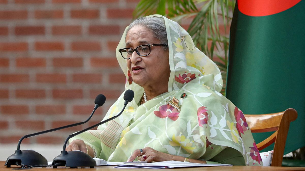 Sheikh Hasina, the then-newly elected prime minister of Bangladesh and chairperson of Bangladesh Awami League, speaks during a meeting with foreign observers and journalists at the prime minister's residence in Dhaka, Bangladesh, January 8, 2024. File Image/Reuters Sheikh Hasina, the then-newly elected prime minister of Bangladesh and chairperson of Bangladesh Awami League, speaks during a meeting with foreign observers and journalists at the prime minister's residence in Dhaka, Bangladesh, January 8, 2024. File Image/Reuters